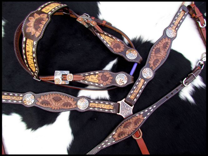 Showman Sunflower Tooled Leather Browband headstall and breastcollar set #3